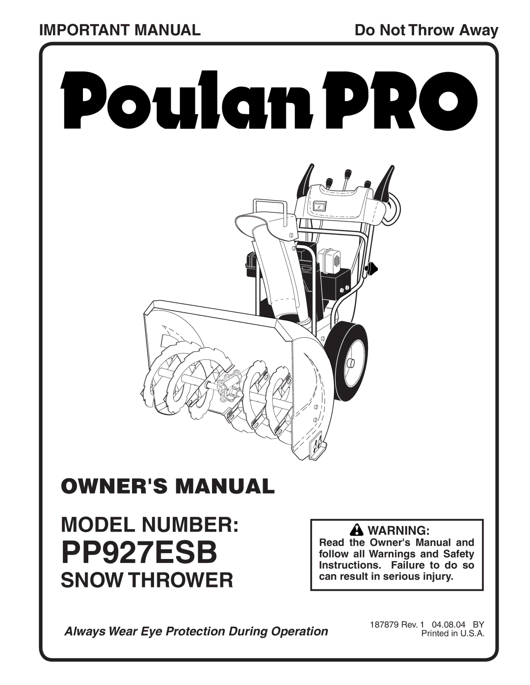 Poulan 187879 owner manual Model Number, Snow Thrower 