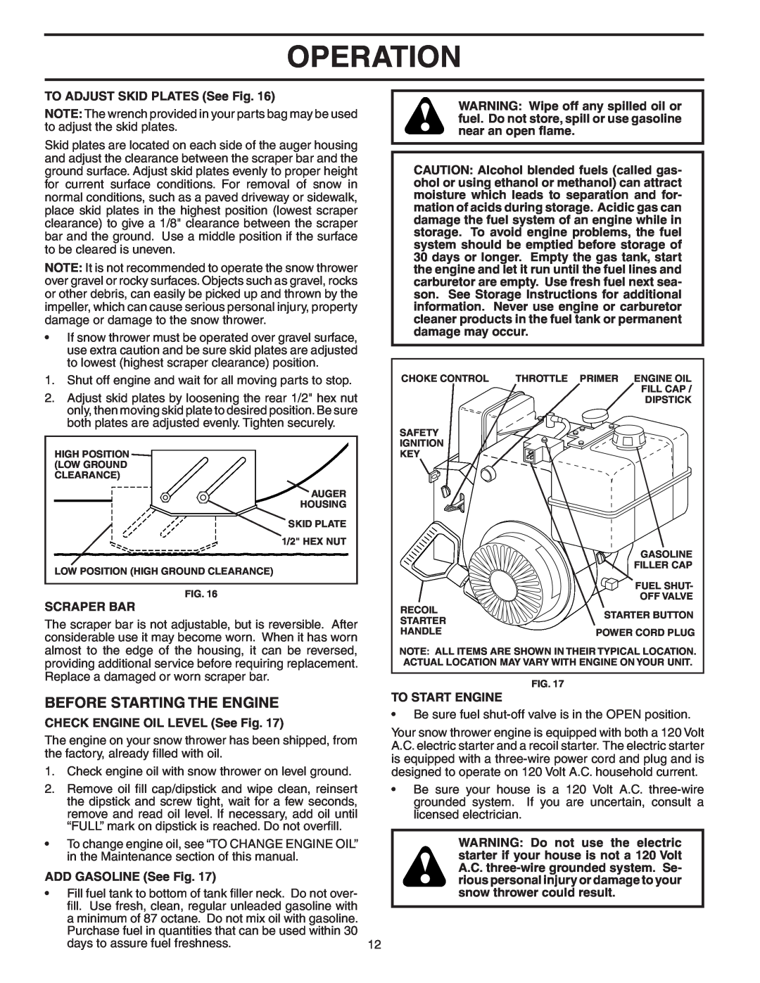 Poulan 187881 Before Starting The Engine, Operation, TO ADJUST SKID PLATES See Fig, Scraper Bar, ADD GASOLINE See Fig 