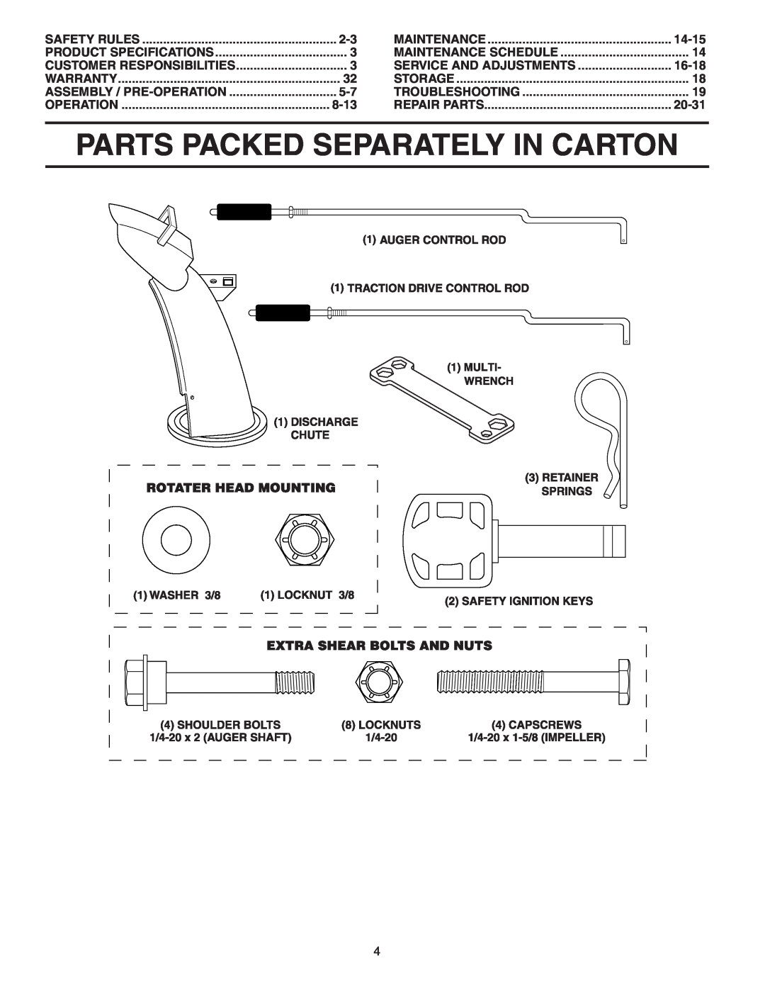 Poulan 187887 Parts Packed Separately In Carton, 8-13, 14-15, Service And Adjustments, 16-18, 20-31, Safety Rules, Storage 