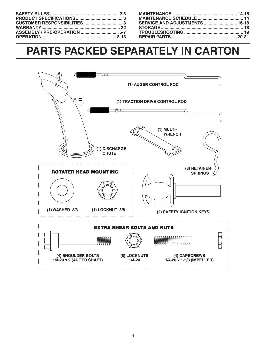 Poulan 187887 owner manual Parts Packed Separately in Carton, 14-15, Service and Adjustments, 16-18, 20-31 