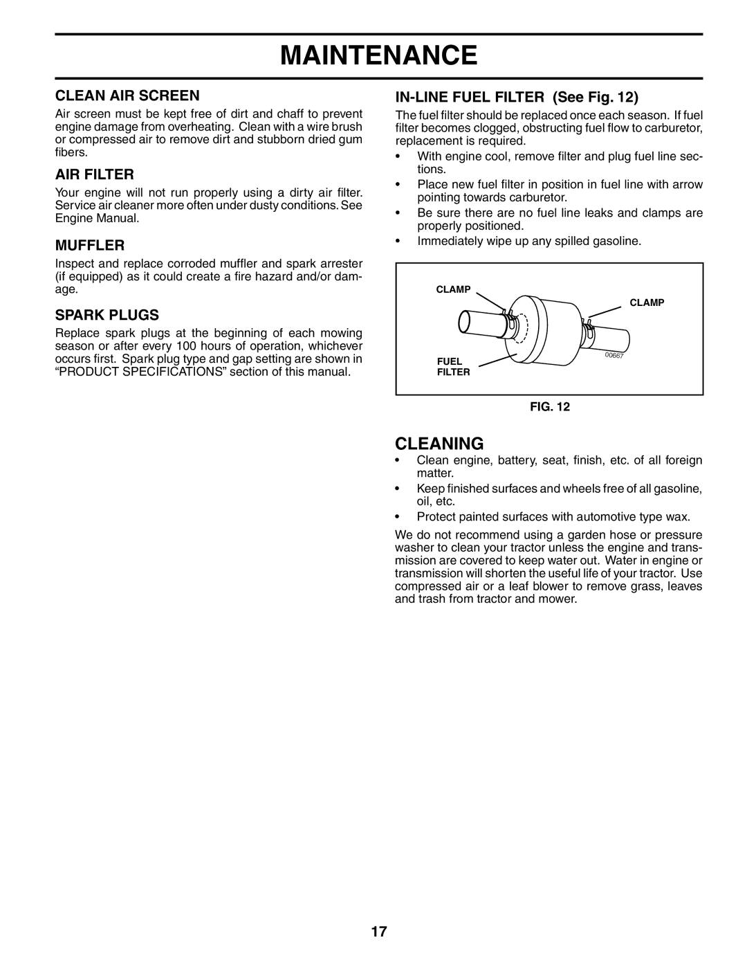 Poulan 188695 manual Cleaning, Clean AIR Screen, AIR Filter, Muffler, Spark Plugs 