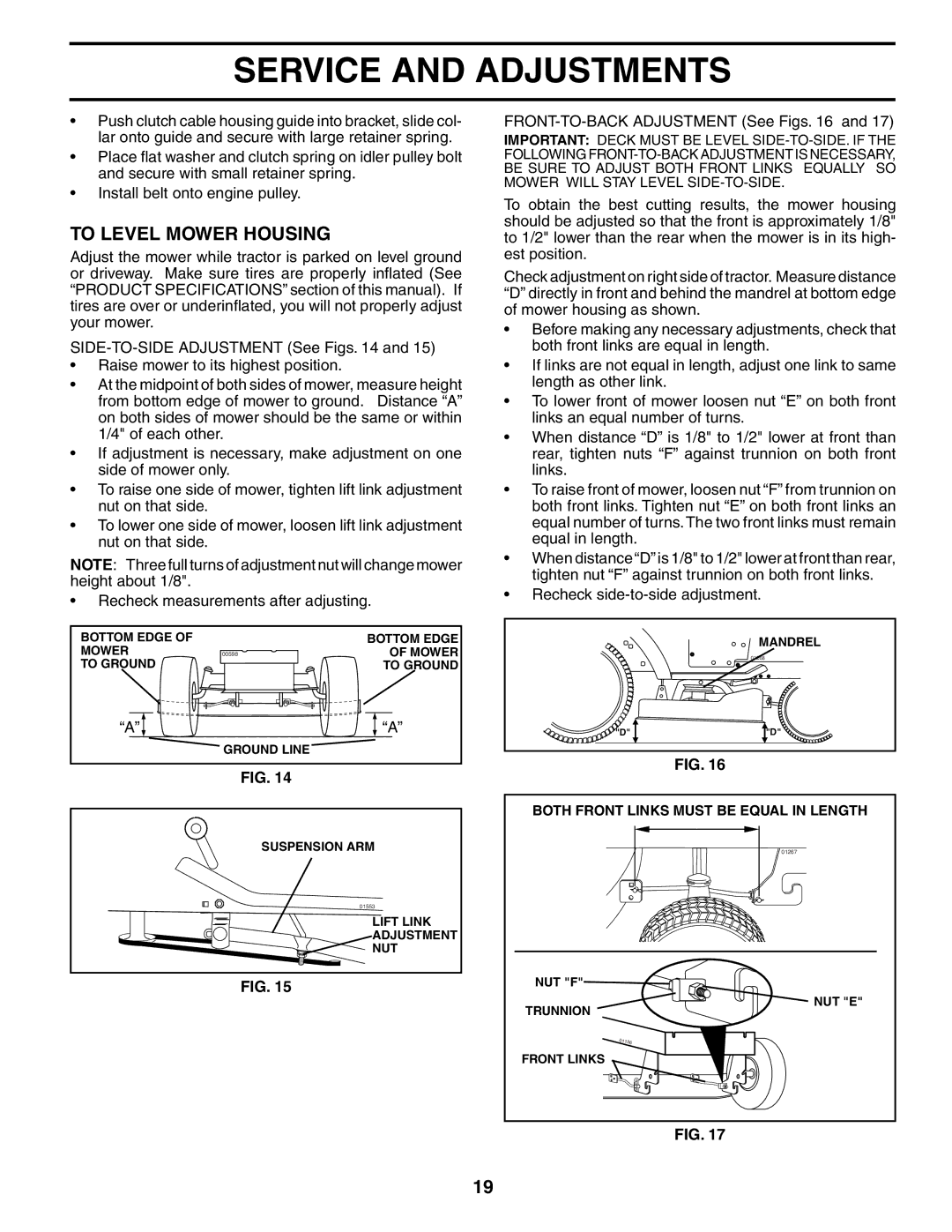 Poulan 188695 manual To Level Mower Housing, FRONT-TO-BACK Adjustment See Figs 