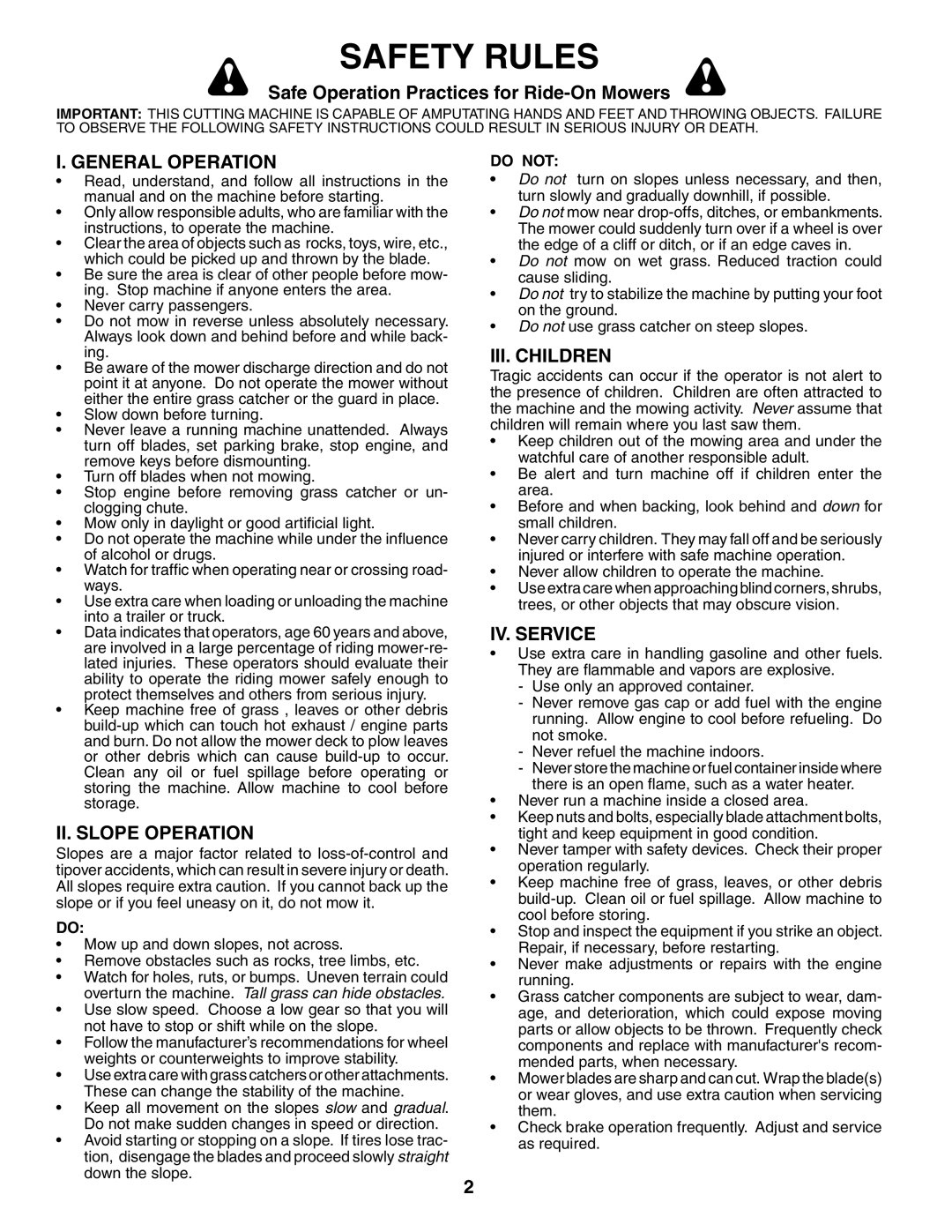 Poulan 188695 manual Safety Rules, General Operation, II. Slope Operation, III. Children, IV. Service 