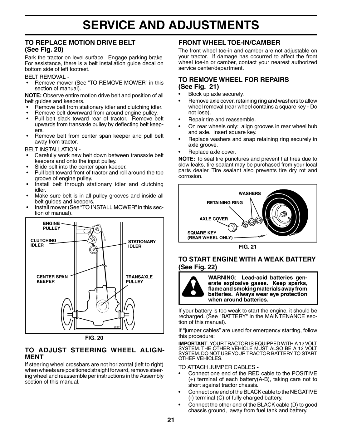 Poulan 188695 manual To Replace Motion Drive Belt See Fig, Front Wheel TOE-IN/CAMBER, To Remove Wheel for Repairs See Fig 