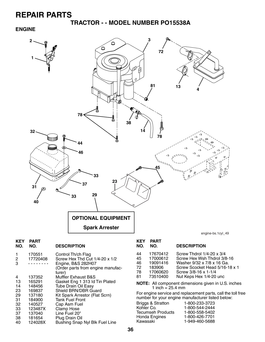 Poulan 188695 manual Engine Optional Equipment, Spark Arrester 