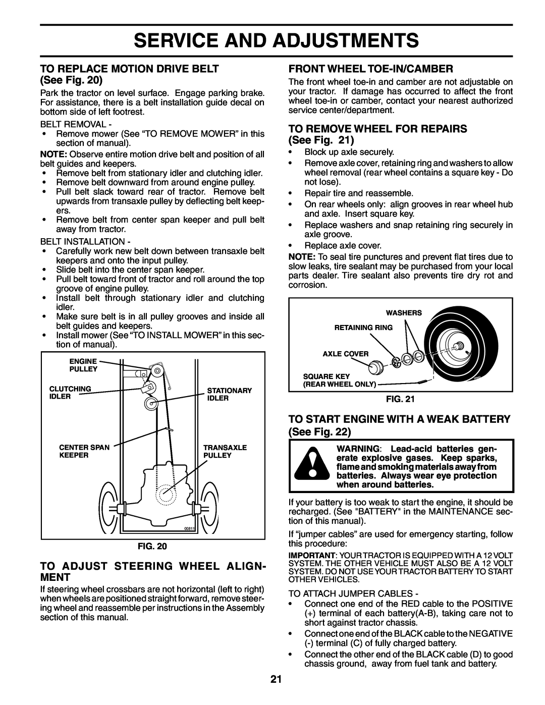 Poulan 188695 manual TO REPLACE MOTION DRIVE BELT See Fig, Front Wheel Toe-In/Camber, TO REMOVE WHEEL FOR REPAIRS See Fig 