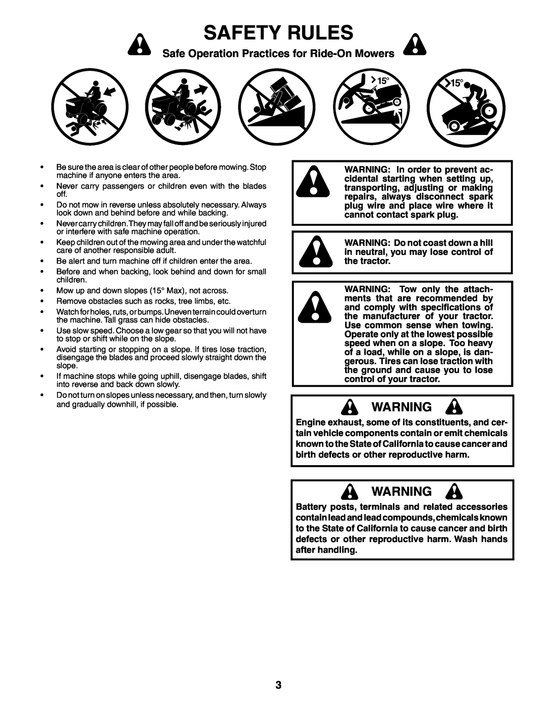 Poulan 188695 manual Safety Rules, Safe Operation Practices for Ride-On Mowers 