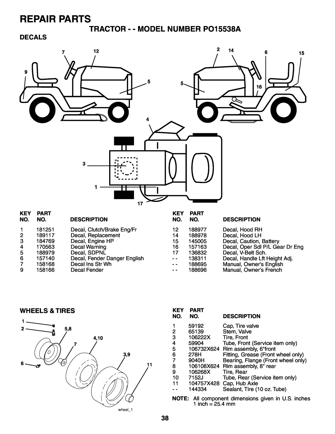 Poulan 188695 manual Decals, Wheels & Tires, Repair Parts, TRACTOR - - MODEL NUMBER PO15538A, Description 