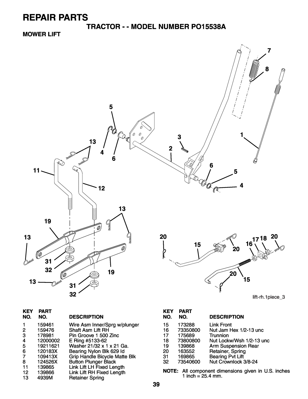 Poulan 188695 manual Mower Lift, Repair Parts, TRACTOR - - MODEL NUMBER PO15538A, Key Part No. No. Description 