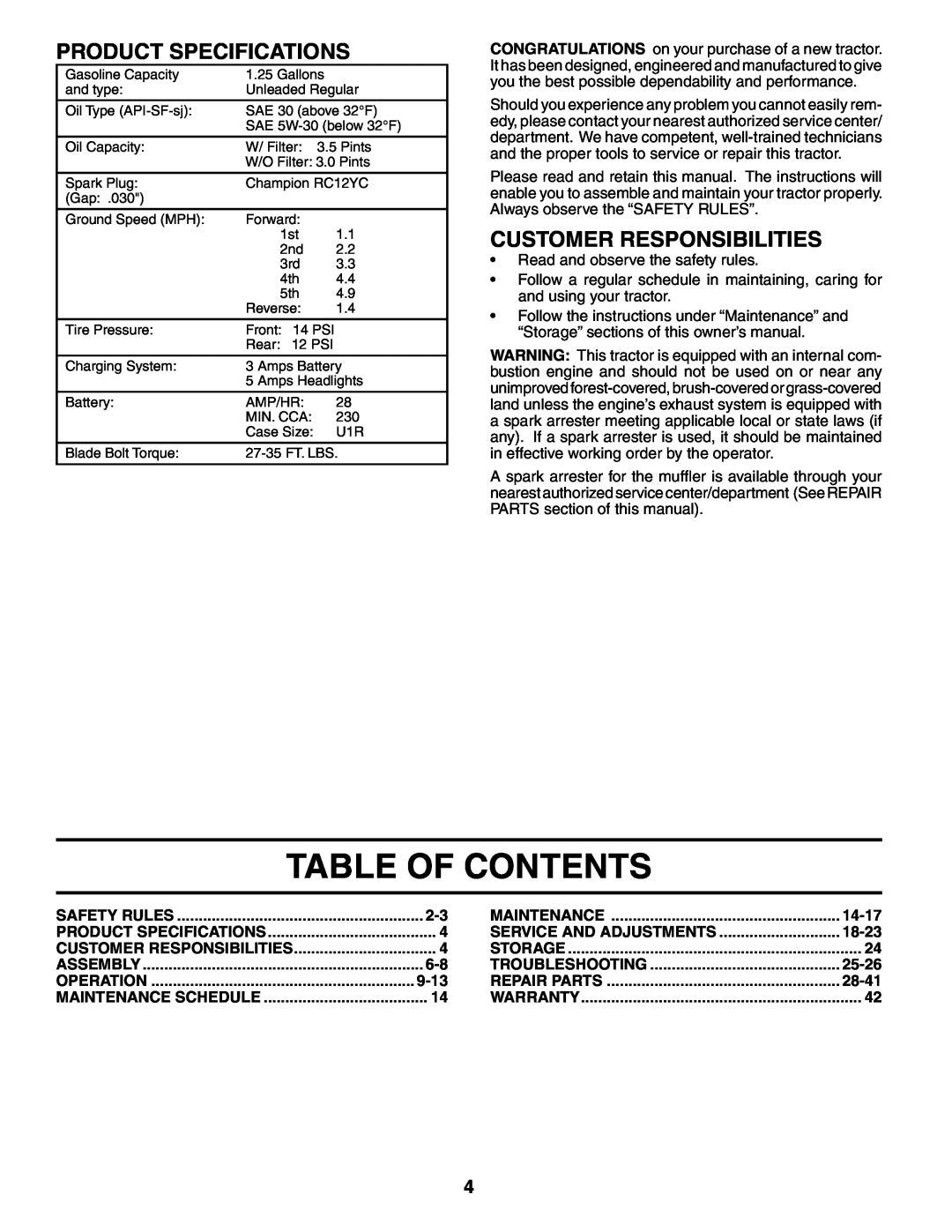 Poulan 188695 manual Table Of Contents, Product Specifications, Customer Responsibilities, 9-13, 14-17, 18-23, 25-26, 28-41 