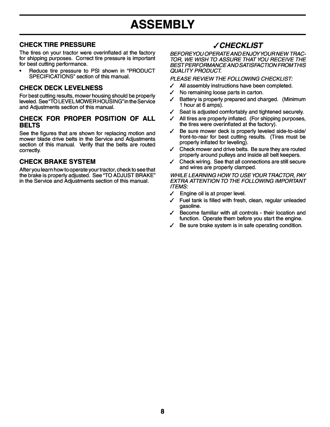 Poulan 188695 manual Check Tire Pressure, Check Deck Levelness, Check For Proper Position Of All Belts, Check Brake System 