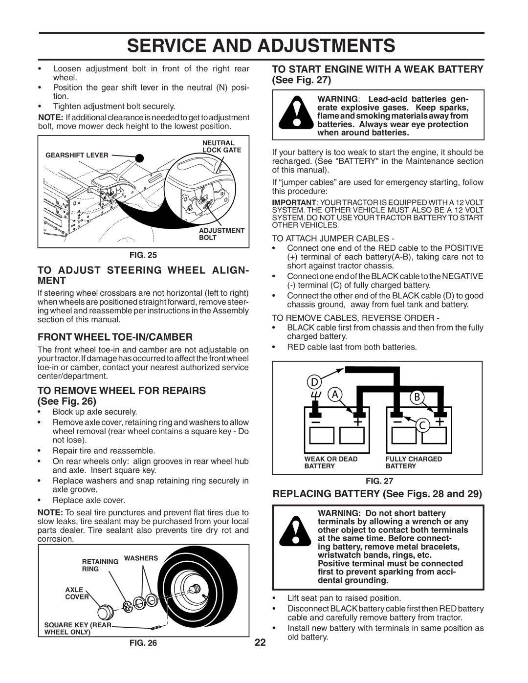 Poulan 188737 owner manual To Adjust Steering Wheel ALIGN- Ment, Front Wheel TOE-IN/CAMBER, Replacing Battery See Figs 