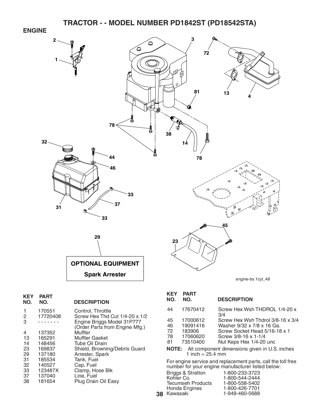 Poulan 188737 owner manual Engine, Optional Equipment 