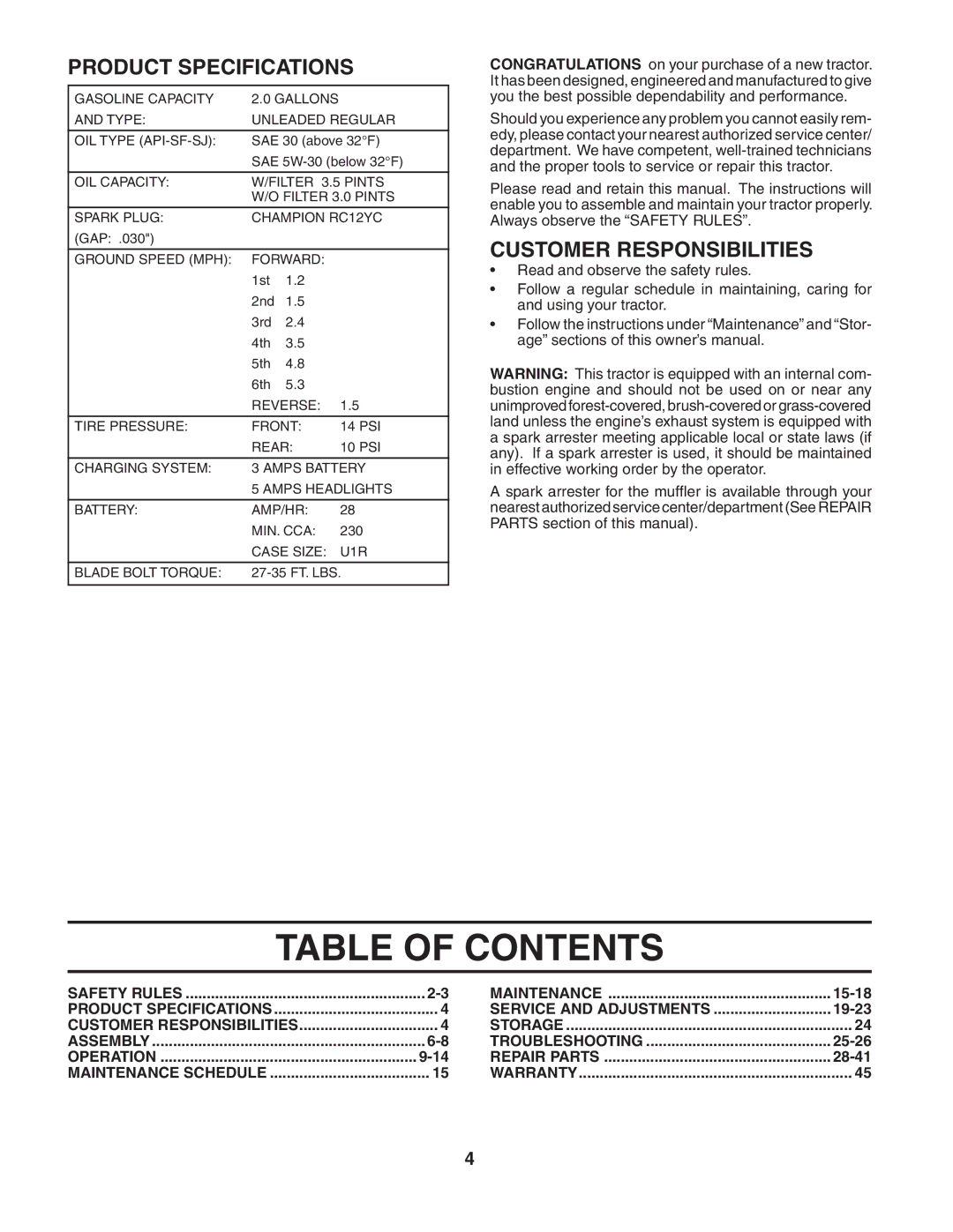 Poulan 188737 owner manual Table of Contents 