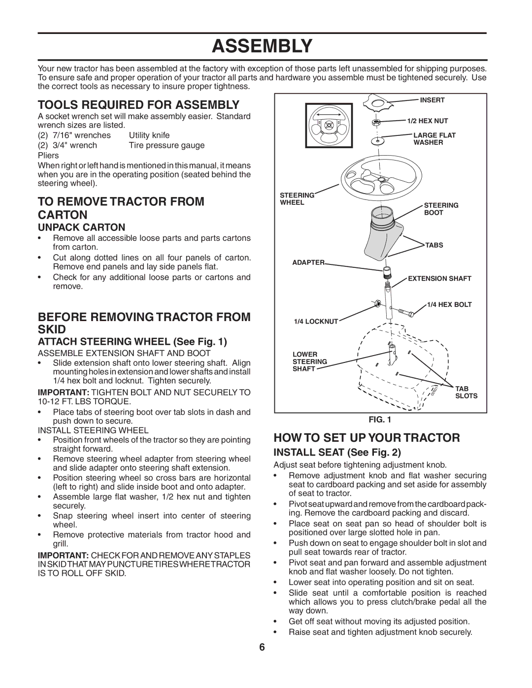 Poulan 188737 Tools Required for Assembly, To Remove Tractor from Carton, Before Removing Tractor from Skid 