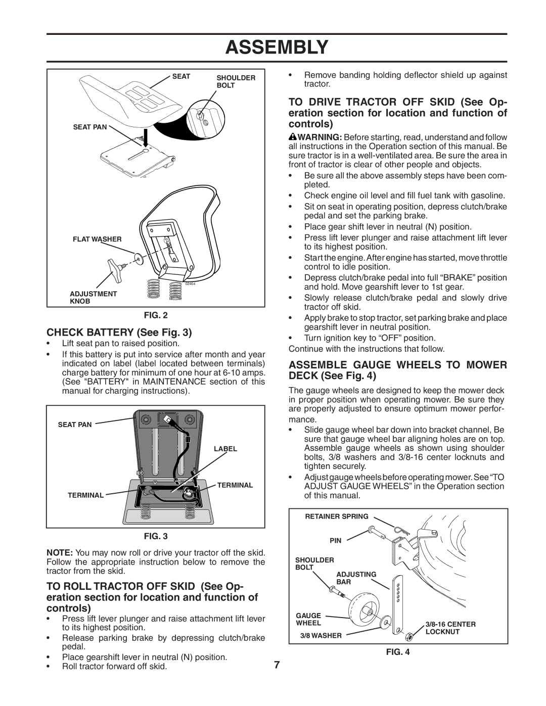 Poulan 188737 owner manual Check Battery See Fig, Assemble Gauge Wheels to Mower Deck See Fig 