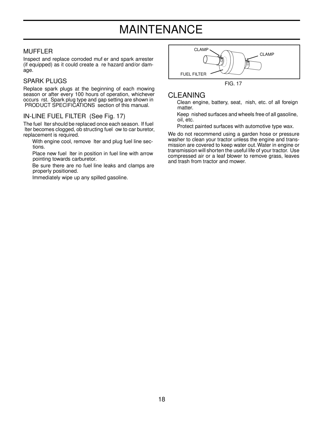 Poulan 188774 owner manual Cleaning, Muffler, Spark Plugs, IN-LINE Fuel Filter See Fig 