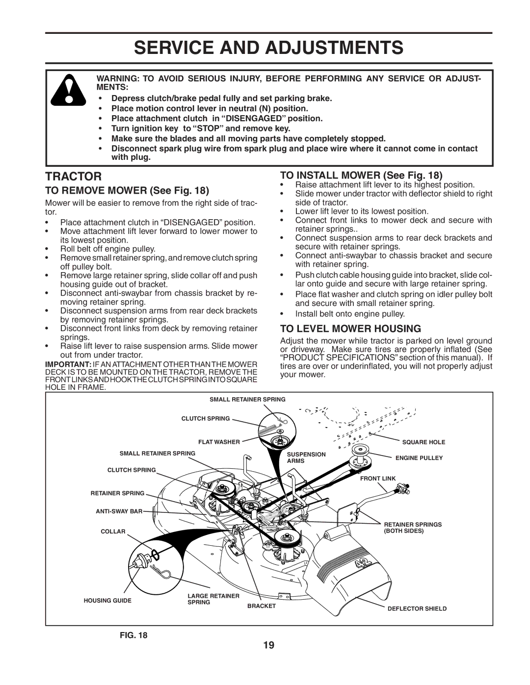 Poulan 188774 Service and Adjustments, To Remove Mower See Fig, To Install Mower See Fig, To Level Mower Housing 