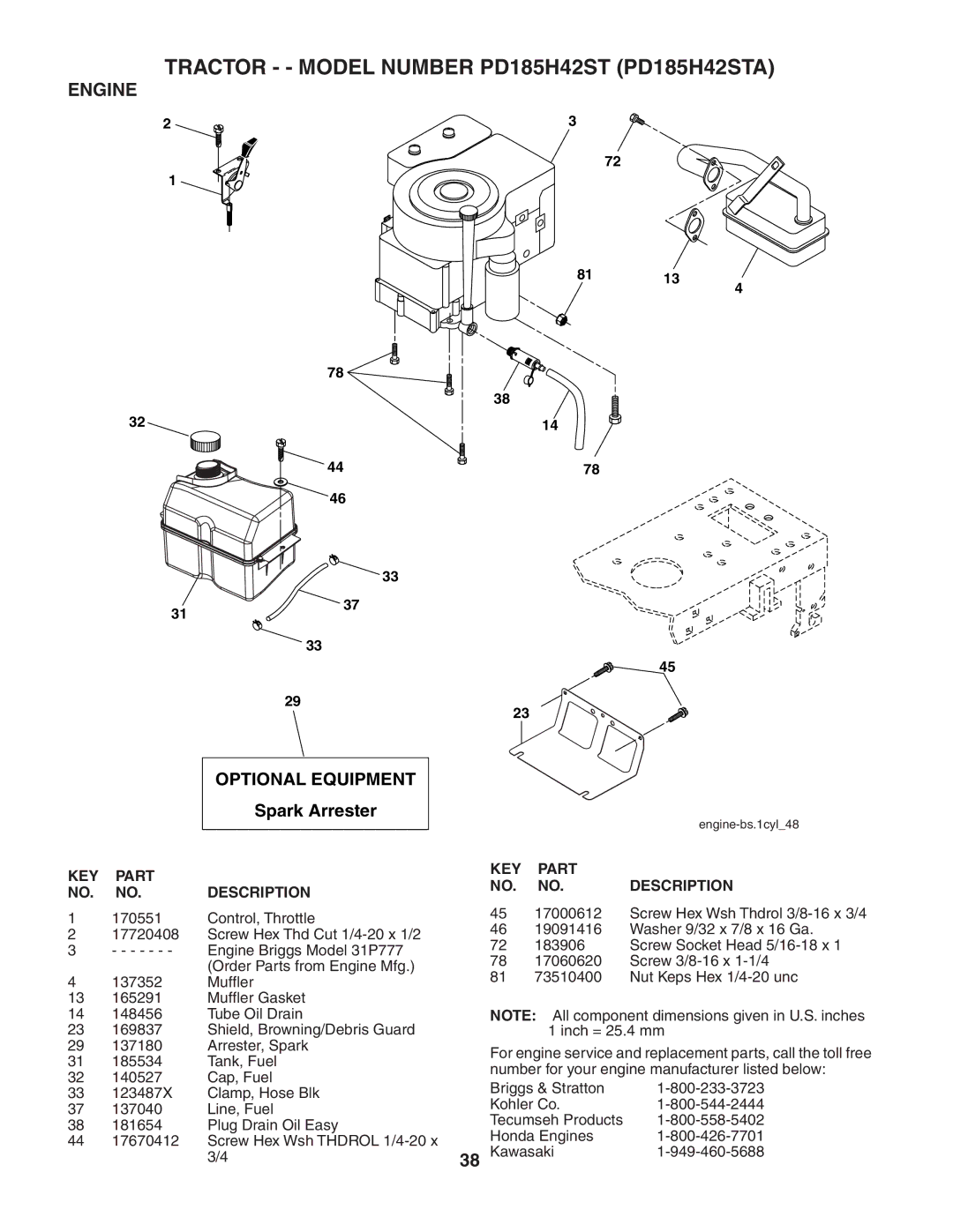 Poulan 188774 owner manual Engine, Optional Equipment 