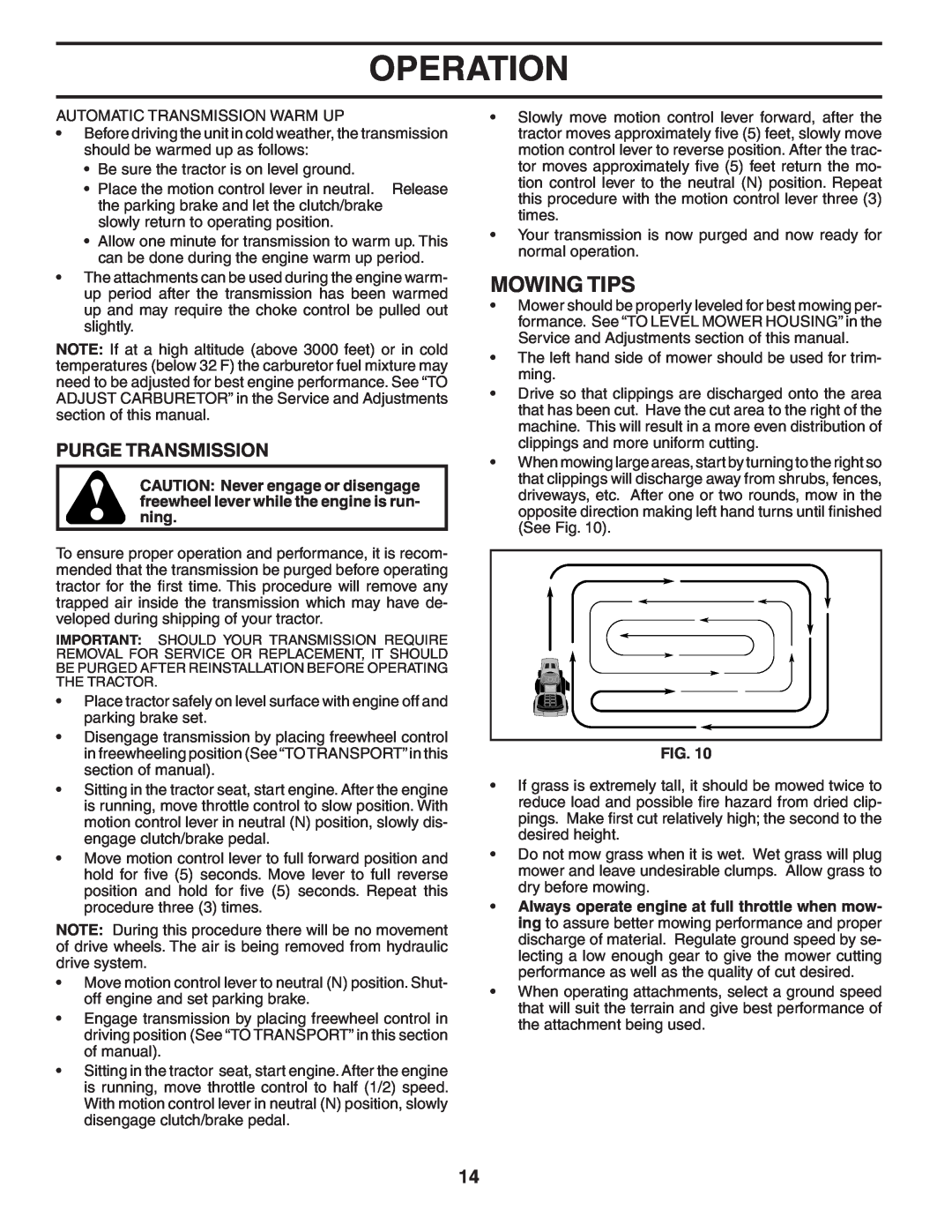 Poulan 188781 owner manual Mowing Tips, Purge Transmission, Operation 