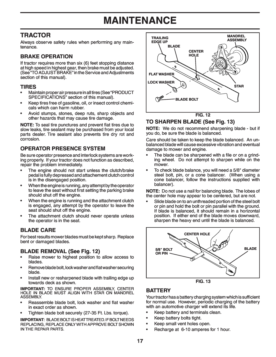 Poulan 188781 Tractor, Brake Operation, Tires, Operator Presence System, Blade Care, BLADE REMOVAL See Fig, Battery 