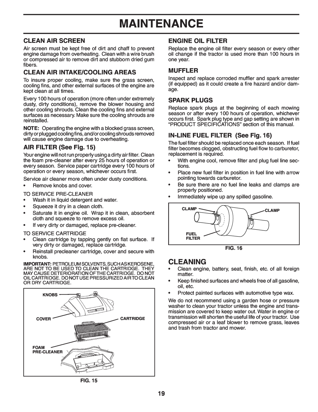 Poulan 188781 Cleaning, Clean Air Screen, Clean Air Intake/Cooling Areas, AIR FILTER See Fig, Engine Oil Filter, Muffler 