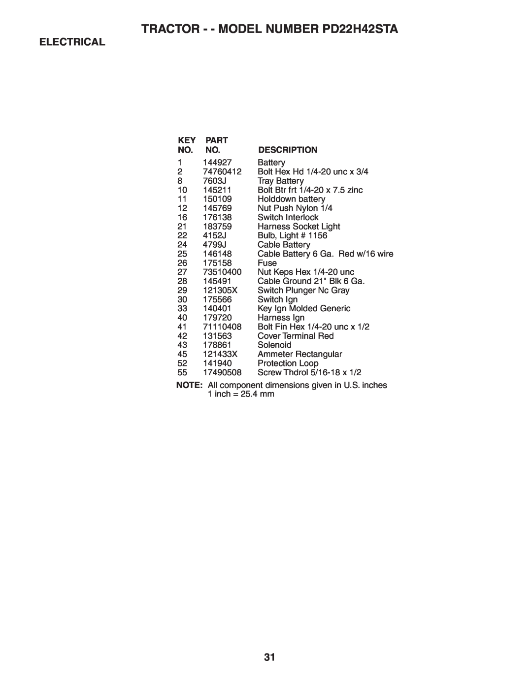 Poulan 188781 owner manual TRACTOR - - MODEL NUMBER PD22H42STA, Electrical, 144927 