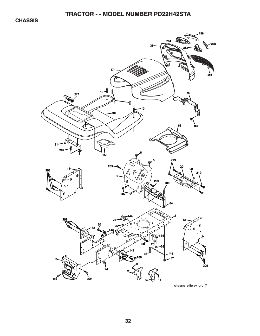 Poulan 188781 owner manual Chassis, TRACTOR - - MODEL NUMBER PD22H42STA, chassiselite svpro7, 259 