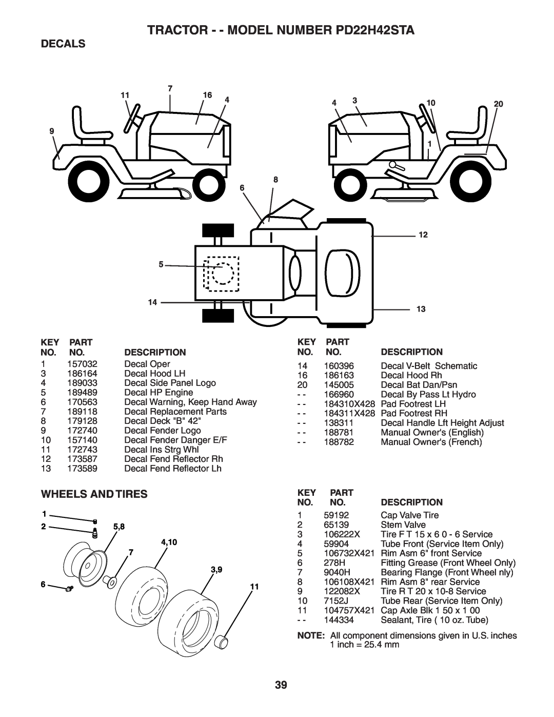 Poulan 188781 owner manual Decals, Wheels And Tires, TRACTOR - - MODEL NUMBER PD22H42STA, 25,8 4,10 
