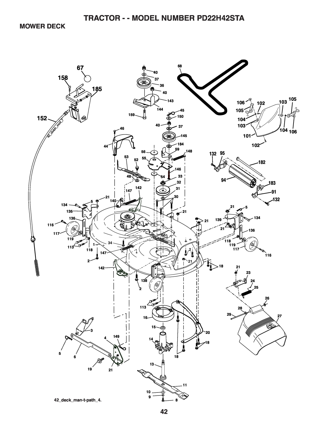 Poulan 188781 owner manual Mower Deck, TRACTOR - - MODEL NUMBER PD22H42STA, 42deckman-t-path4 