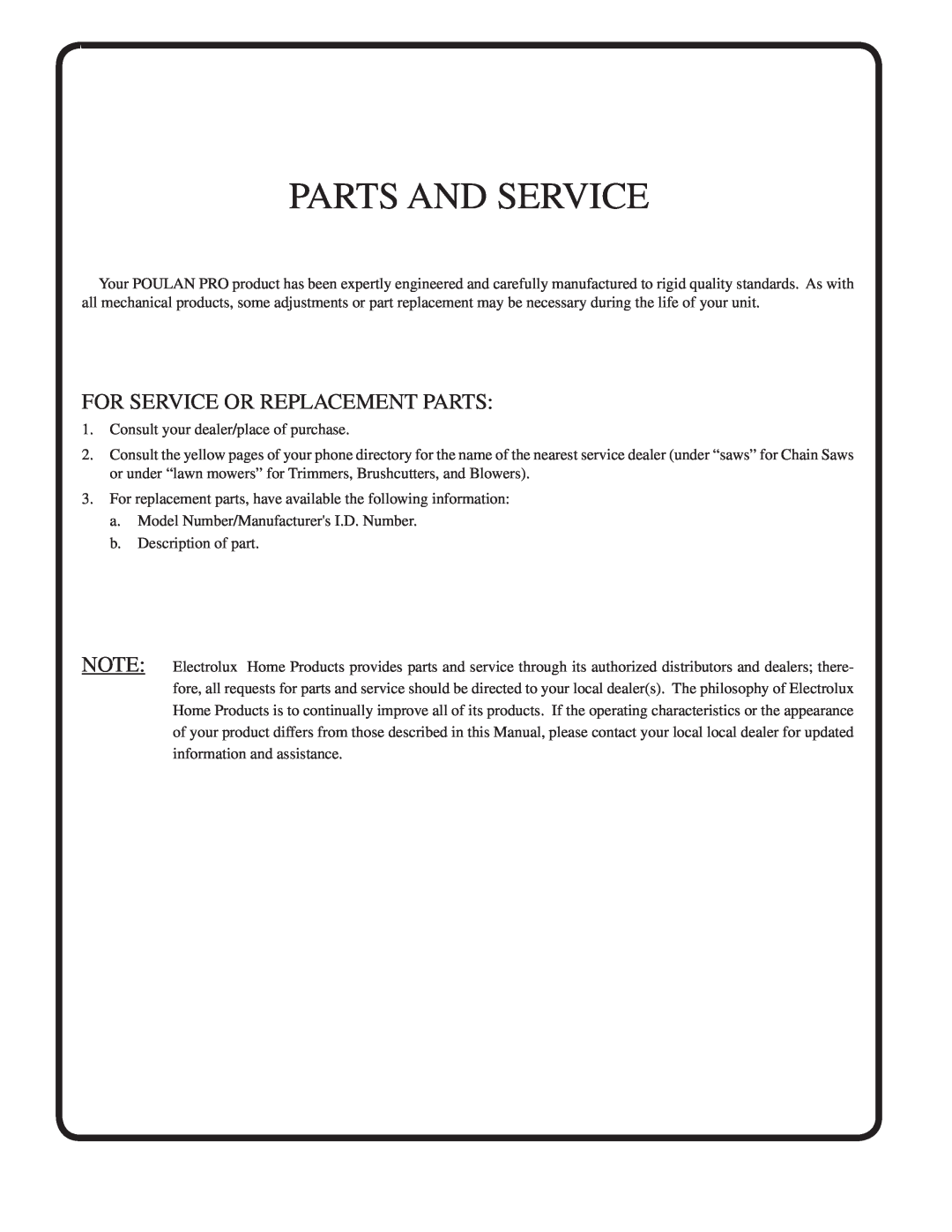 Poulan 188781 owner manual Parts And Service, For Service Or Replacement Parts 