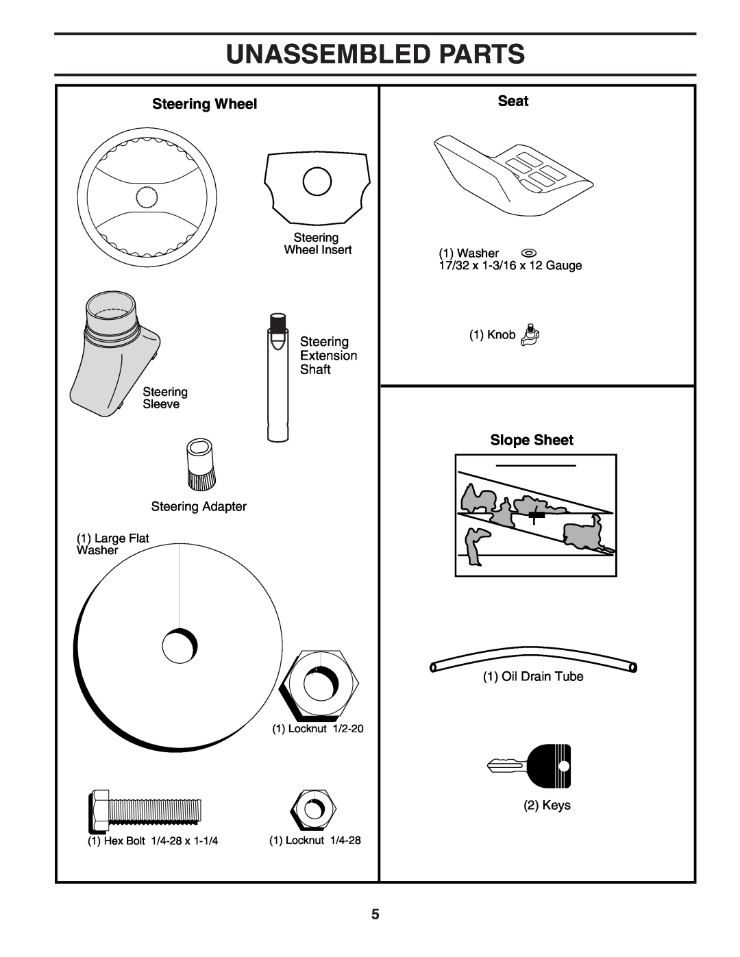 Poulan 188781 owner manual Unassembled Parts, Steering Wheel, Seat, Extension, Shaft, Steering Adapter, Keys 