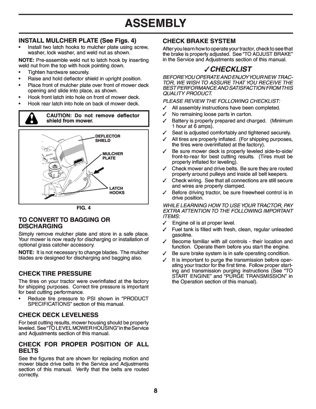 Poulan 188781 INSTALL MULCHER PLATE See Figs, To Convert To Bagging Or Discharging, Check Tire Pressure, Assembly 