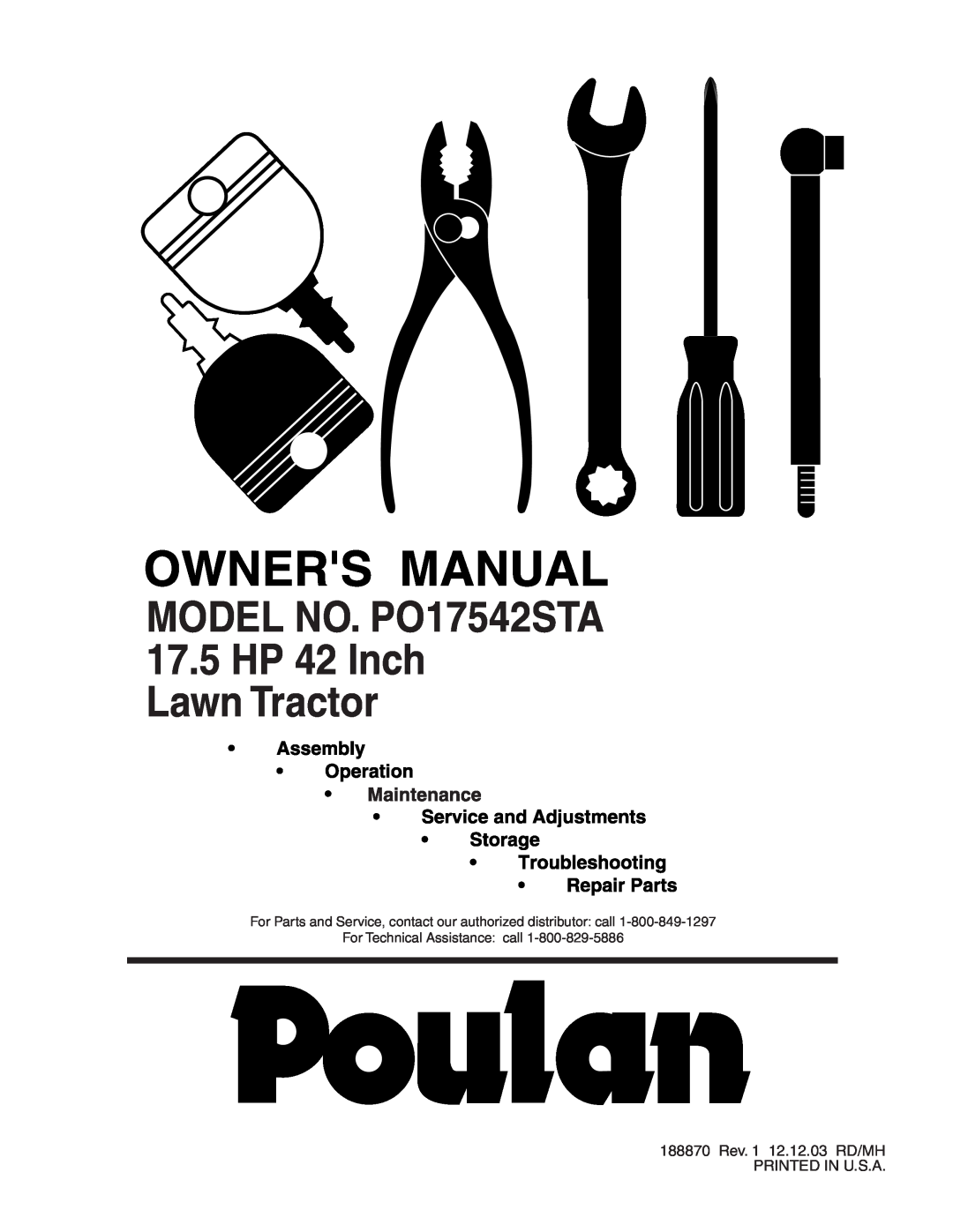 Poulan 188870 manual MODEL NO. PO17542STA 17.5 HP 42 Inch Lawn Tractor 