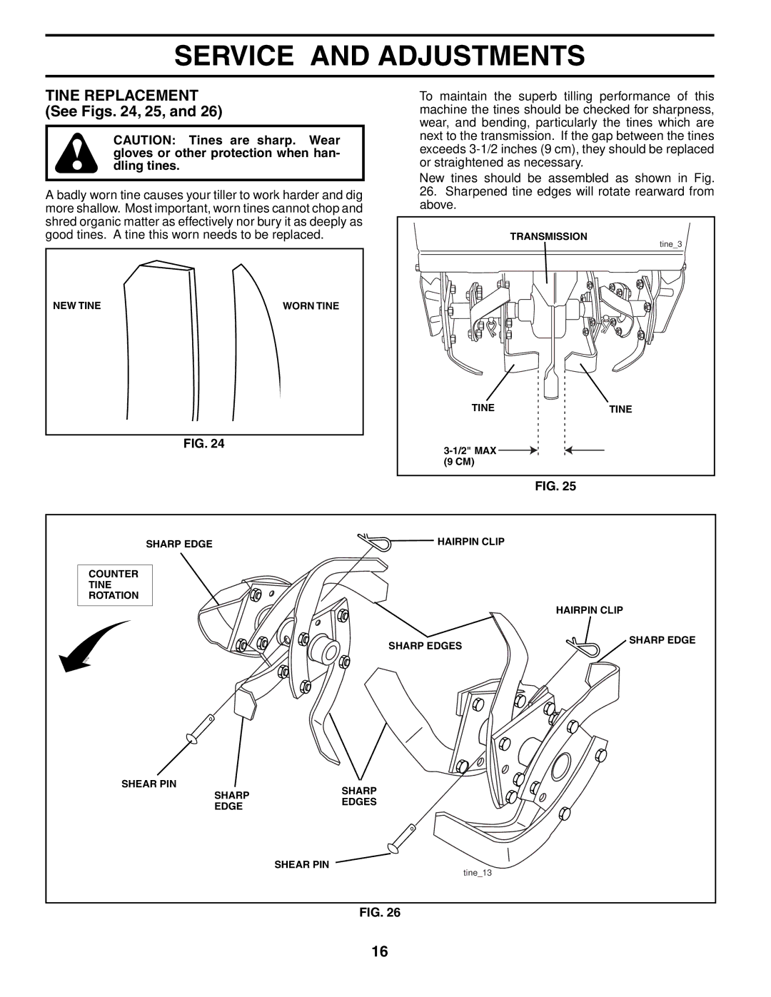 Poulan 188904 owner manual Tine Replacement See Figs , 25 