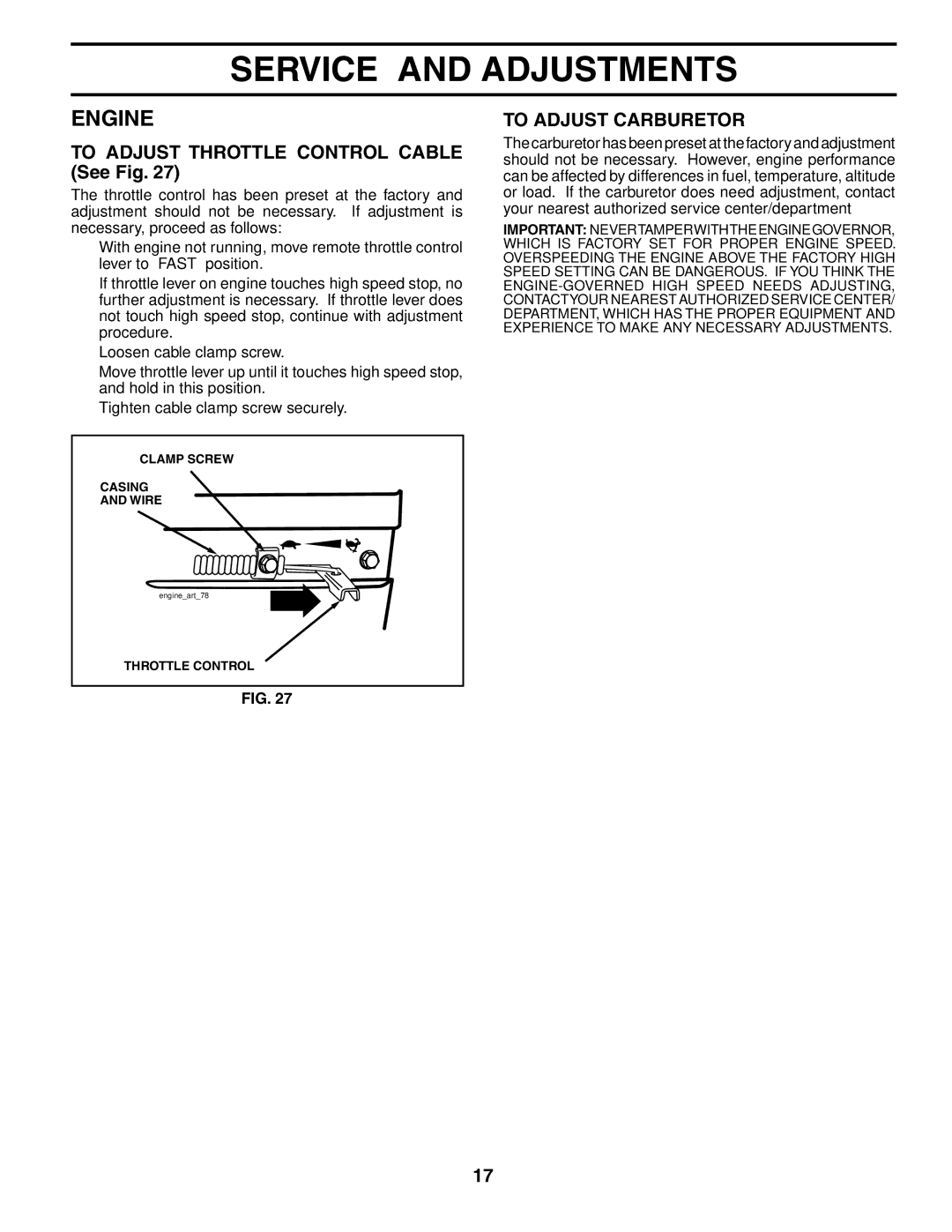 Poulan 188904 owner manual To Adjust Throttle Control Cable See Fig, To Adjust Carburetor 