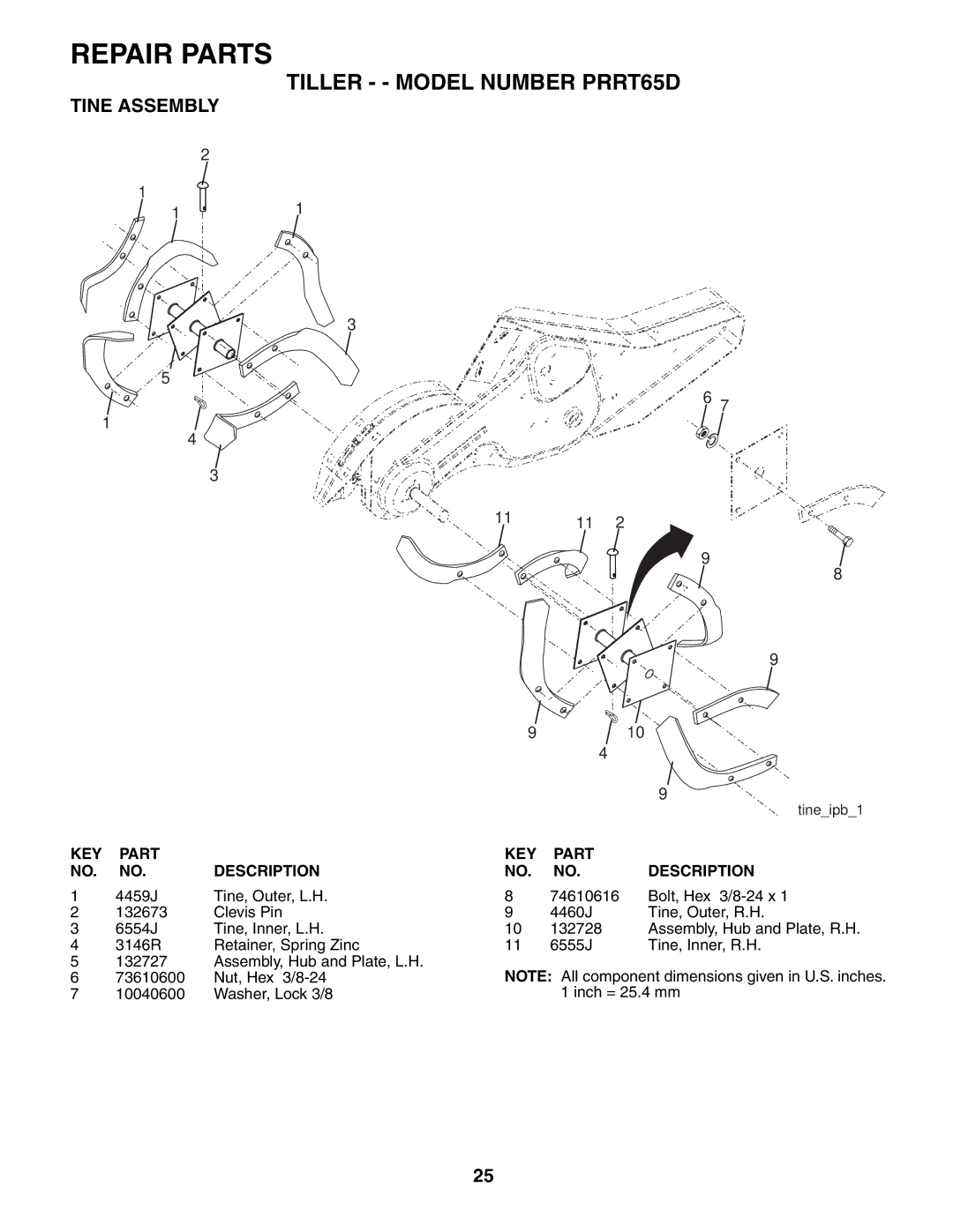 Poulan 188904 owner manual Tine Assembly 