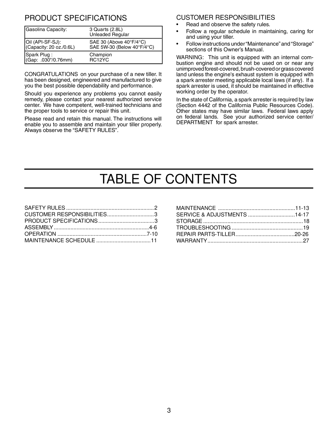 Poulan 188904 owner manual Table of Contents 