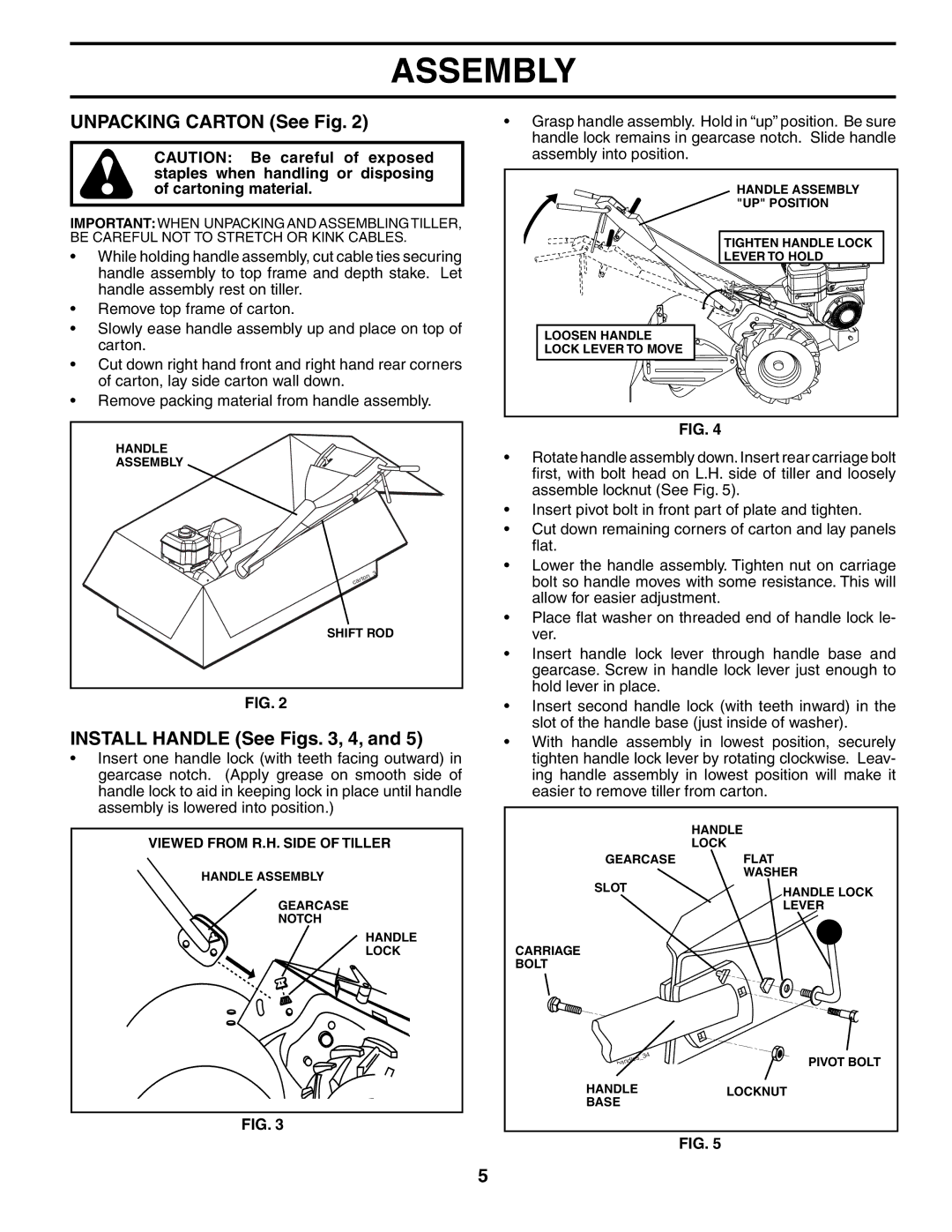 Poulan 188904 owner manual Unpacking Carton See Fig, Install Handle See Figs , 4 