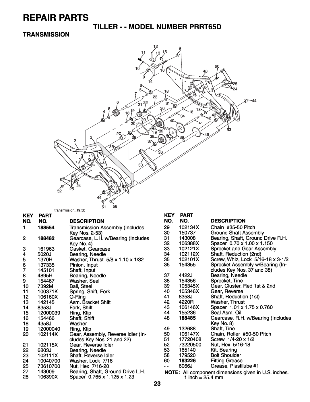 Poulan 188904 owner manual Repair Parts, TILLER - - MODEL NUMBER PRRT65D, Transmission, transmission19.5b 