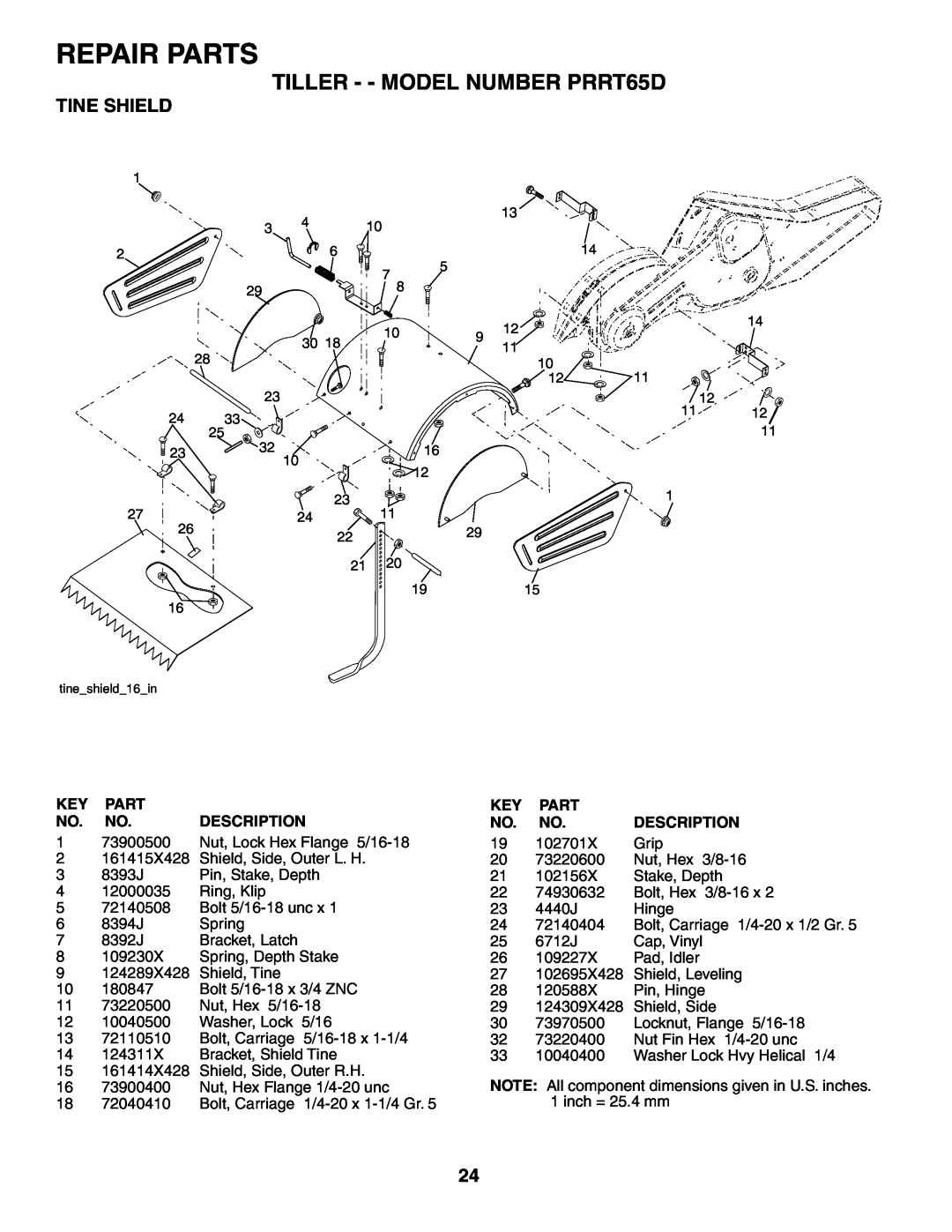 Poulan 188904 owner manual Tine Shield, Repair Parts, TILLER - - MODEL NUMBER PRRT65D, tineshield16in 