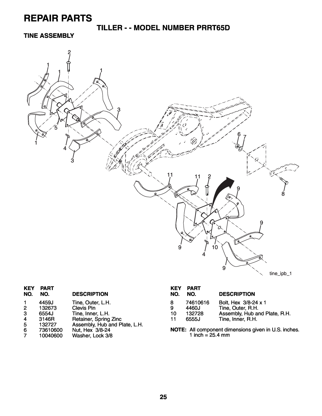 Poulan 188904 owner manual Tine Assembly, Repair Parts, TILLER - - MODEL NUMBER PRRT65D, tineipb1 