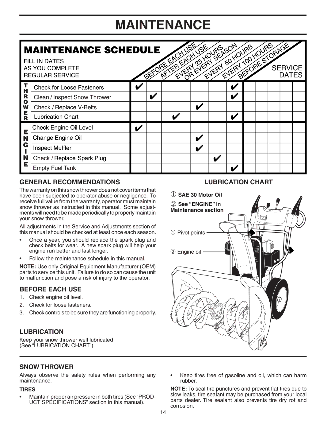 Poulan 189539 owner manual Maintenance, General Recommendations, Before Each USE, Lubrication, Snow Thrower 