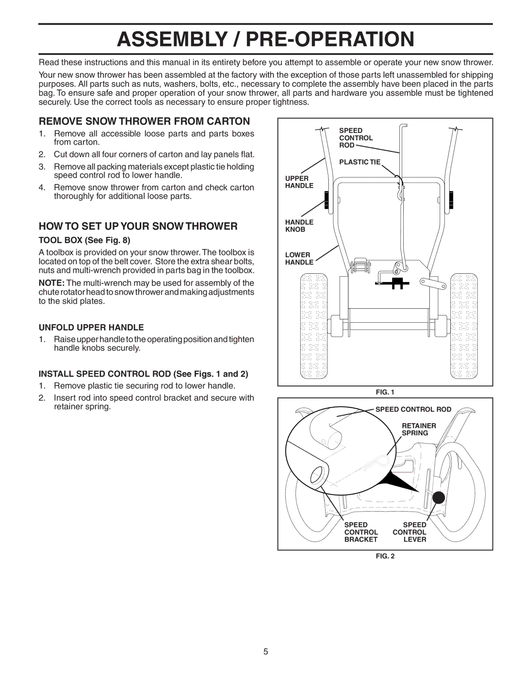 Poulan 189645 owner manual Assembly / PRE-OPERATION, Remove Snow Thrower from Carton, HOW to SET UP Your Snow Thrower 