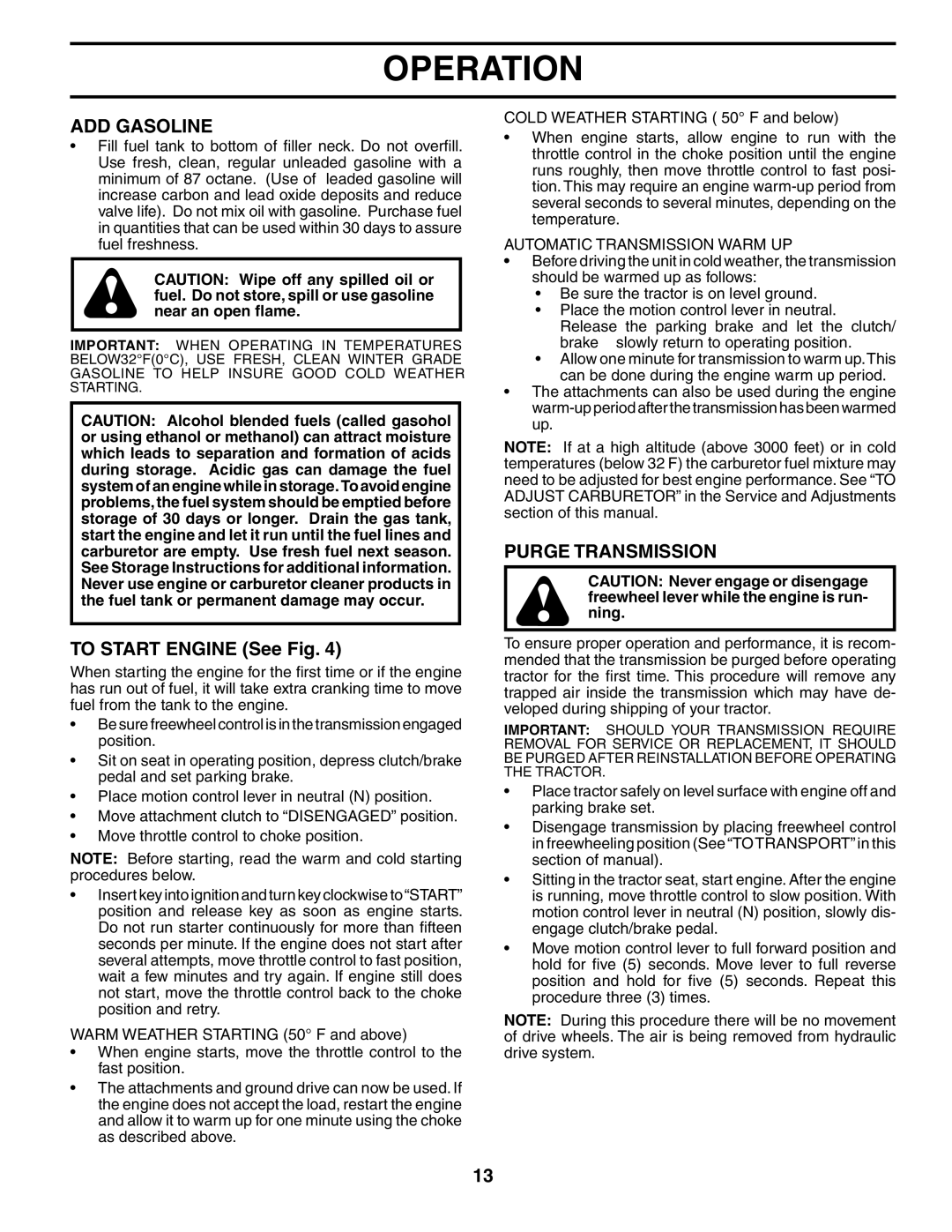 Poulan 190288 manual ADD Gasoline, To Start Engine See Fig, Purge Transmission, Automatic Transmission Warm UP 