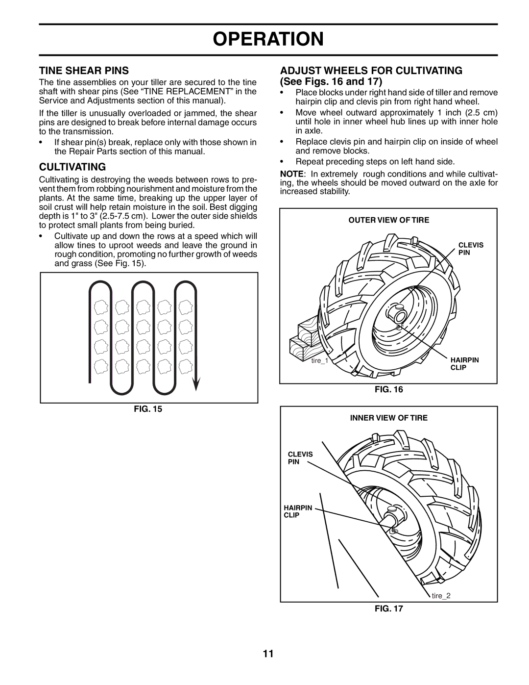 Poulan 190388 owner manual Tine Shear Pins, Adjust Wheels for Cultivating See Figs 