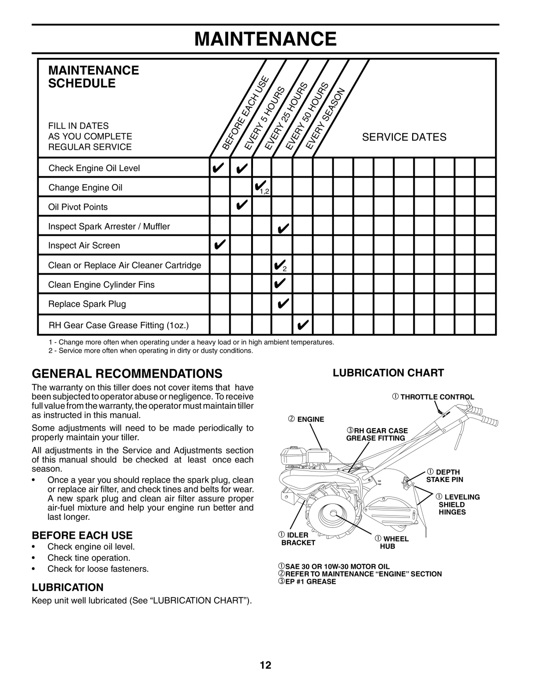 Poulan 190388 owner manual Maintenance Schedule, General Recommendations 