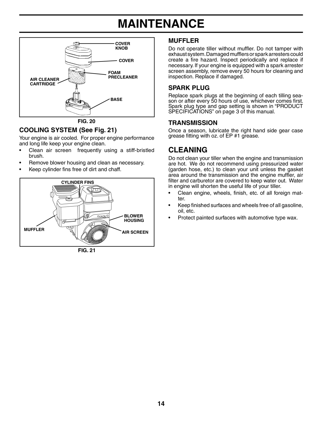 Poulan 190388 owner manual Cleaning, Muffler, Spark Plug, Cooling System See Fig, Transmission 