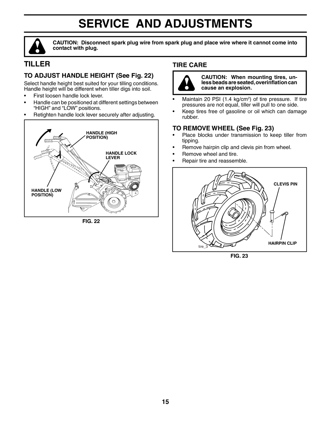 Poulan 190388 Service and Adjustments, Tiller, To Adjust Handle Height See Fig, Tire Care, To Remove Wheel See Fig 