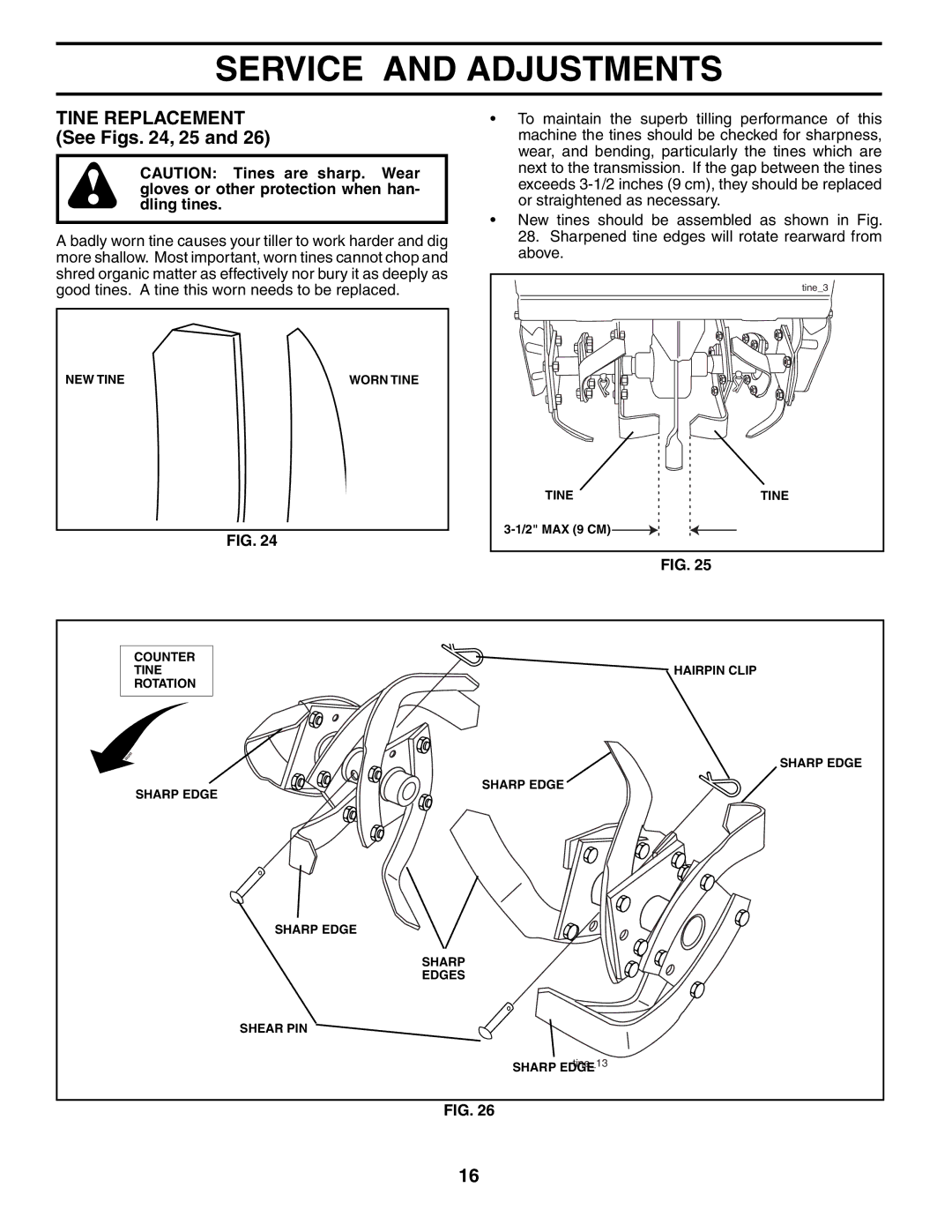 Poulan 190388 owner manual Tine Replacement See Figs , 25 